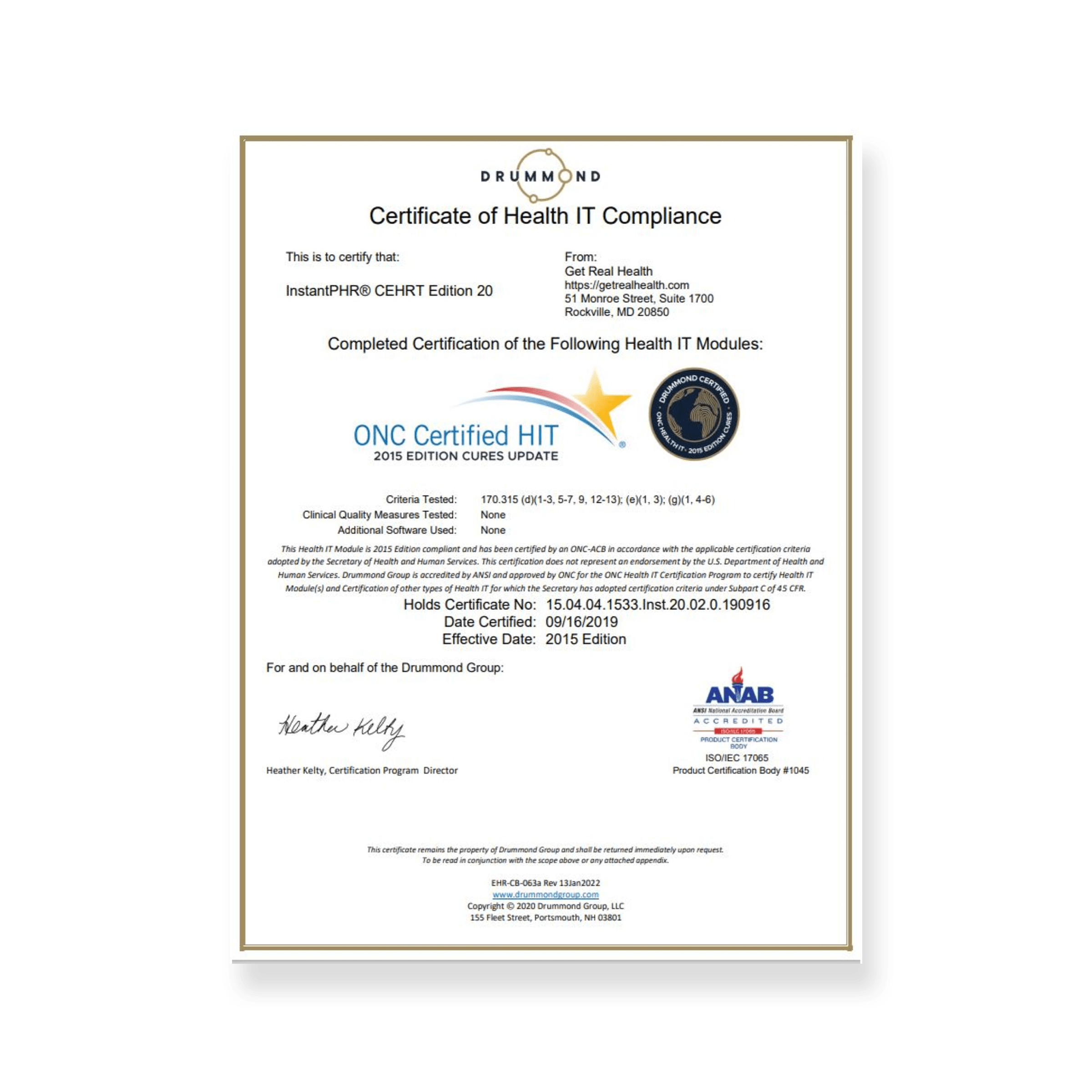 Certificate of Health IT Compliance
